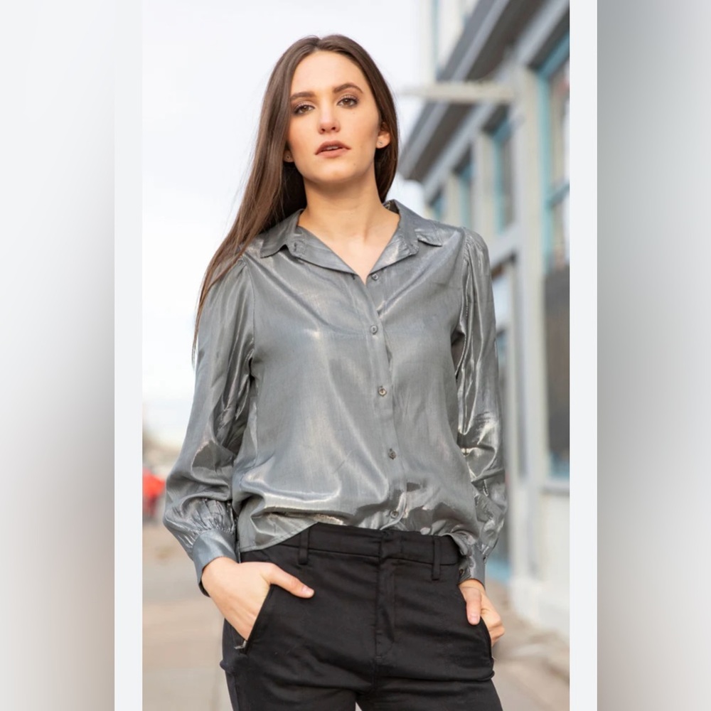 Velvet by Graham & Spencer Dakota Puff Sleeve Metallic Silver Top, Size S